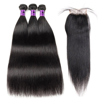 Unprocessed Indian Hair 3 Pcs Straight Human Hair Bundles With 4x4 Lace Closure