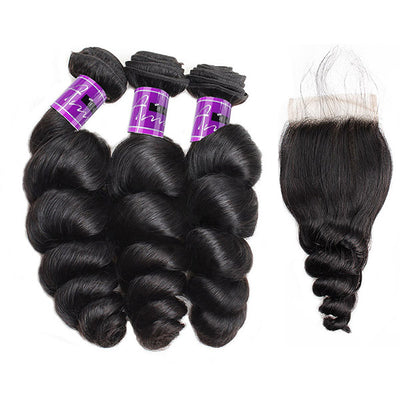Loose Wave Hair Bundles With Closure Malaysian Human Hair Weave Extensions 3 Pcs With 4x4 Lace Closure