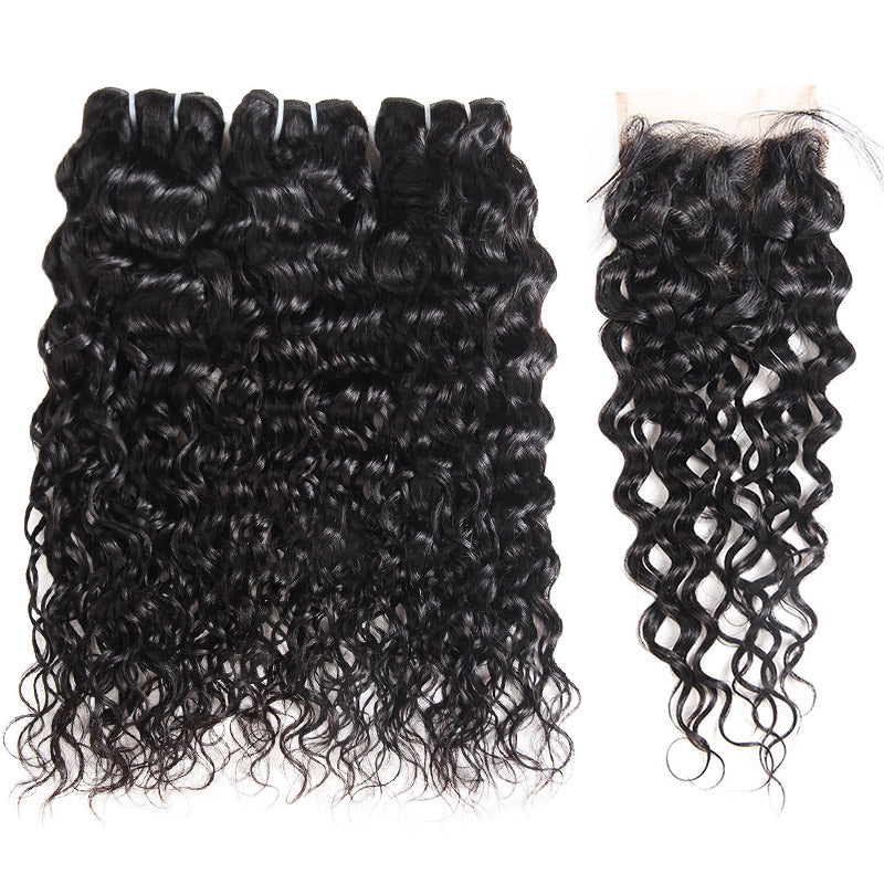 Indian Hair Extensions Water Wave 3 Bundles With 4x4 Lace Closure Double Weft Bundles Weave