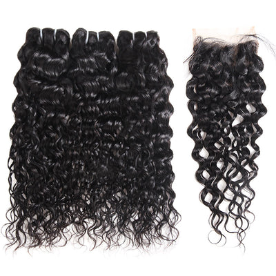 Peruvian Human Hair Water Wave Bundles With Closure 100% Unprocessed Ocean Wave Weave Hair Extensions