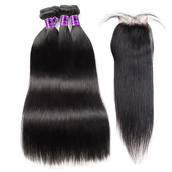 Malaysian Hair Extensions Straight Human Hair Bundles With 4x4 Lace Closure With Baby Hair