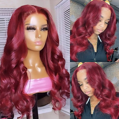 99J Burgundy 13X4 Body Wave Lace Front Wig Red Wine Colored HD Transparent Lace Frontal Wigs Long 32 Inch Human Hair Wig