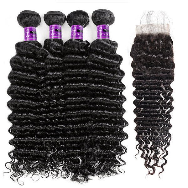 Deep Wave Bundles With Closure Malaysian Hair Wave 3 Bundles With Tranparent 4x4 Lace Clsoure