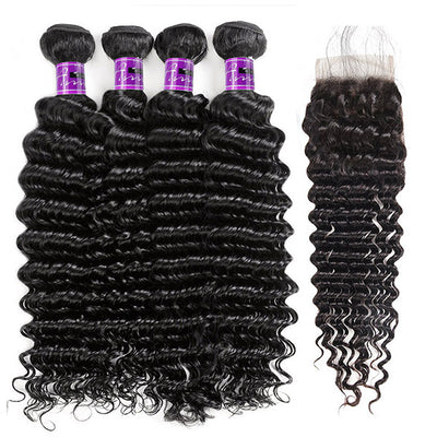 Deep Wave Bundles With Closure Peruvian Hair Extentions 4 Bundles With Lace Closure