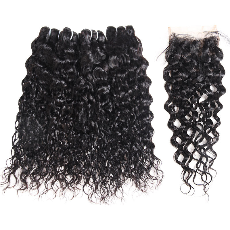 Water Wave Hair With Closure Malaysian Human Hair Water Wave 4Bundles With Transaprent Lace Closure