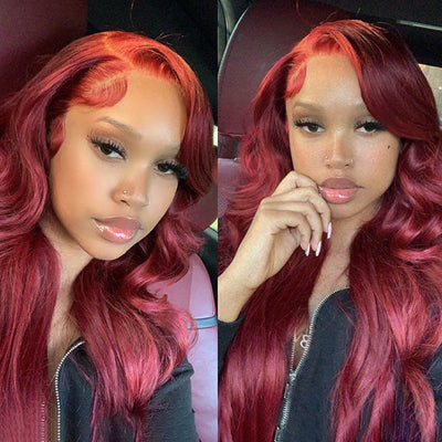 99J Burgundy 13X4 Body Wave Lace Front Wig Red Wine Colored HD Transparent Lace Frontal Wigs Long 32 Inch Human Hair Wig