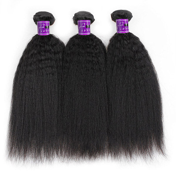 Peruvian Hair Kinky Straight Hair Weft Yaki Hair 3 Bundles With 13x4 Lace Frontal