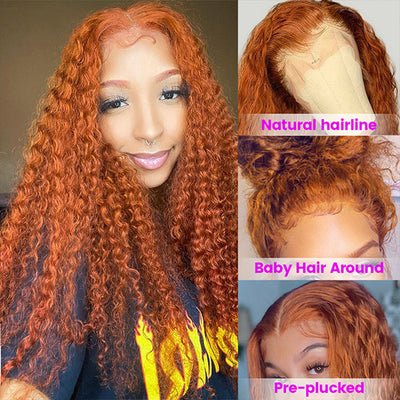 Orange Ginger Human Hair Curly Wig Transparent 13x6 Lace Front Wig For Black Women