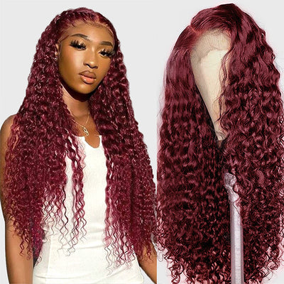 99J Burgundy Deep Wave Wig 13x4 HD Transparent Lace Frontal Wig Glueless Deep Curly Wine Red Colored Human Hair Wigs 200% Density