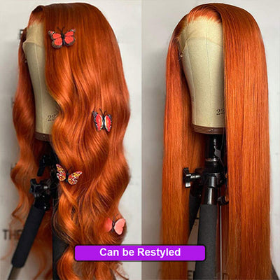 Ginger Orange HD Lace Wigs 200% Density 4x4 Lace Closure Wig Body Wave Wavy Human Hair Wigs 40 Inch