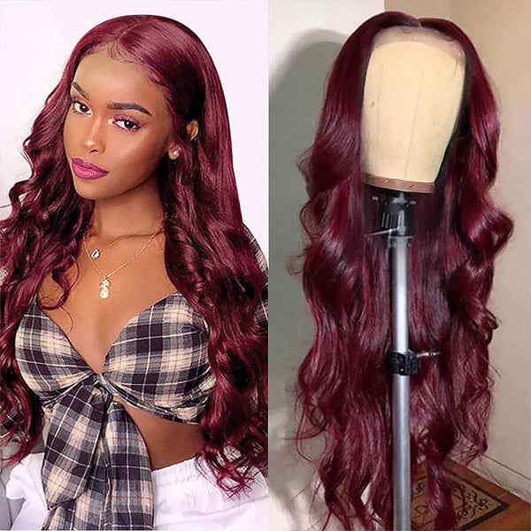 200% Density 40" 4x4 HD Lace Closure Wig Burgundy Body Wave Lace Closure Wig Human Hair Wigs Brazilian 99J Colored Wig