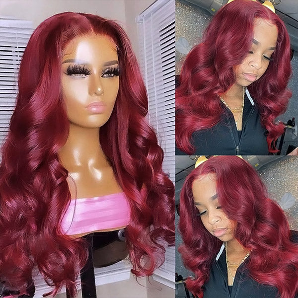 Virgin Hair Wigs Body Wave Burgundy Color T Part Lace Wigs Transparent 99J Lace Front Wig