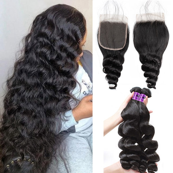 Brazilian Loose Wave Bundles With Closure Human Hair Weave 3 Bundles With 4x4 Hd Lace Closure