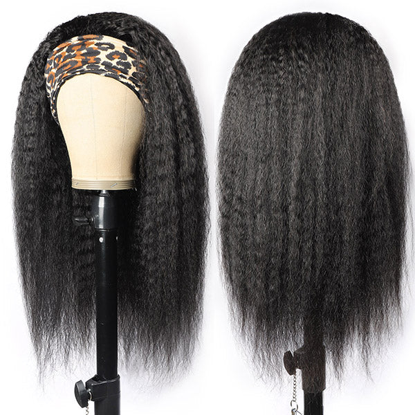 Headband Wig Yaki Straight Human Hair Headband Scarf Wig For Women No Glue No Sew