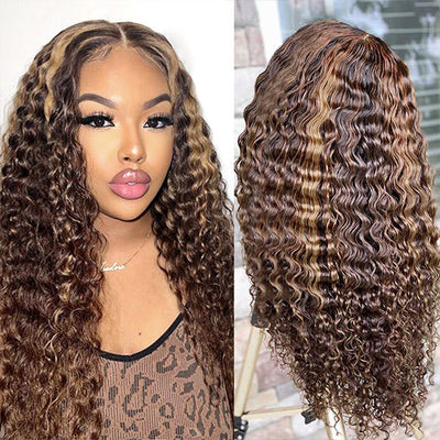 4/27 Highlights Wig Deep Wave 13x1 T Part Lace Front Wig Remy Human Hair