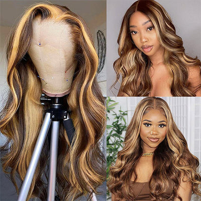 P4/27 Highlight Colored Human Hair Wigs 8-40 Inch HD Transparent Lace Wig Body Wave Piano Ombre Blonde 4x4 Lace Closure Wig For Women