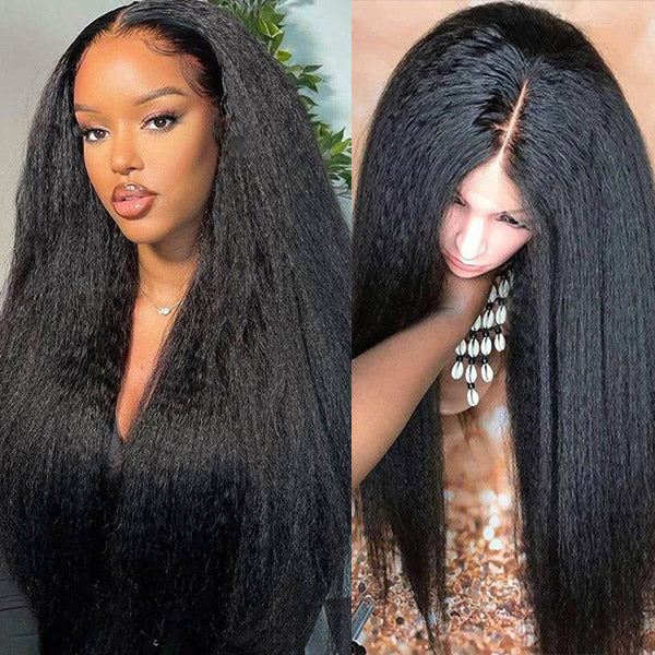Glueless 200% Density Brazilain Kinky Straight Wigs Prepluck Yaki Straight 13x4 Lace Front Wig Remy Human Hair Wigs For Black Women