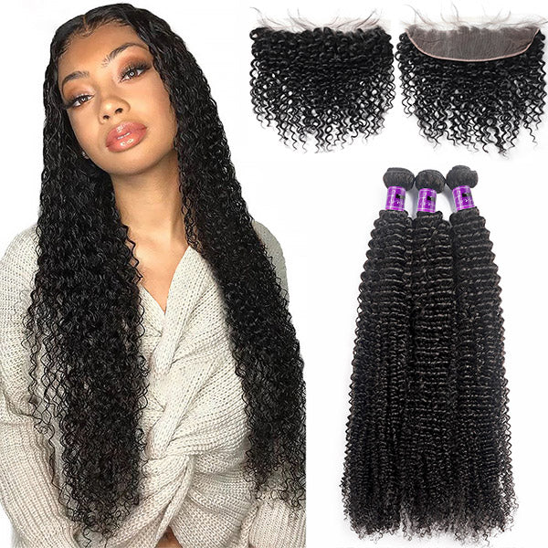 Curly Human Hair 3Bundles Malaysian Jerry Curly Weave Bundles With 13x4 Ear To Ear Lace Frontal Closure