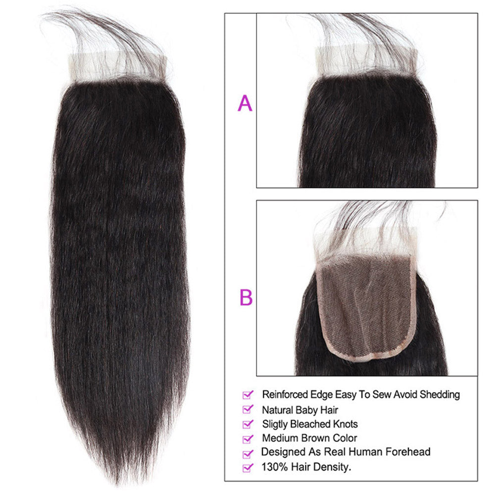 Kinky Straight Hair Bundles With Closure Indian Hair Yaki Human Hair Weave Bundles 4 Pcs With Closure