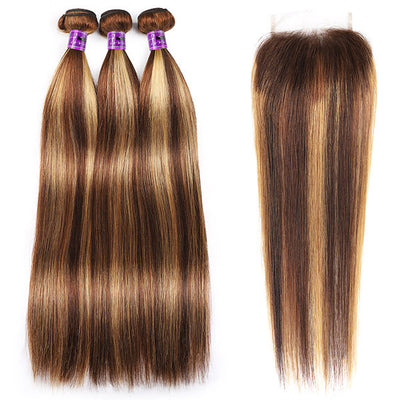 Highlight Brown Bundles Ombre Blonde Indian Straight Human Hair 3 Bundles With 4x4 Lace Clsoure
