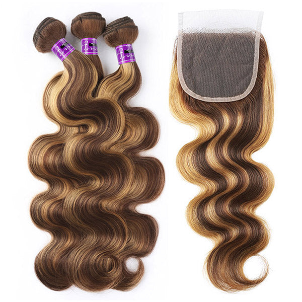 Highlight P4/27 Bundles With Closure Peruvian Body Wave 3 Bundles With 4x4 Lace Closure