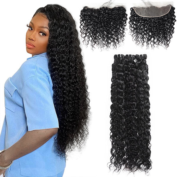 Water Curly Bundles With 13x4 Lace Frontal Brazilian Water Wave Weave 3 Bundles With Ear To Ear Closure