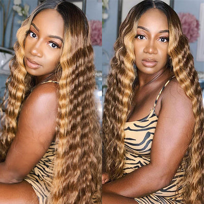 Highlight Human Hair Wig P4/27 Color HD Lace Wig Ombre Blonde 4X4 Lace Closure Wig Deep Wave Brazilian Hair Wigs