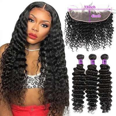 Bundles With Frontal Indian Hair Deep Wave 3 Bundles With 13x4 Ear To Ear Lace Front Closure