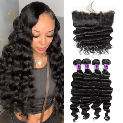 Hd Lace Frontal With Bundles Loose Deep Wave Peruvian Hair 3Bundles With Ear To Ear Lace Closure