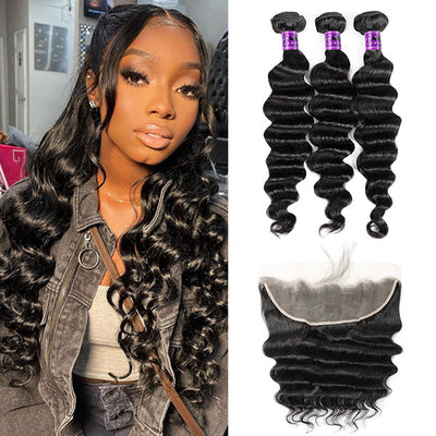 Loose Deep Wave Bundles With Frontal Unprocessed Brazilian Virgin Human Hair With 13x4 Lace Front Closure