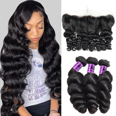 3 Bundles Loose Wave Hair With Frontal Indian Human Hair Weave With 13x4 Lace Frontal
