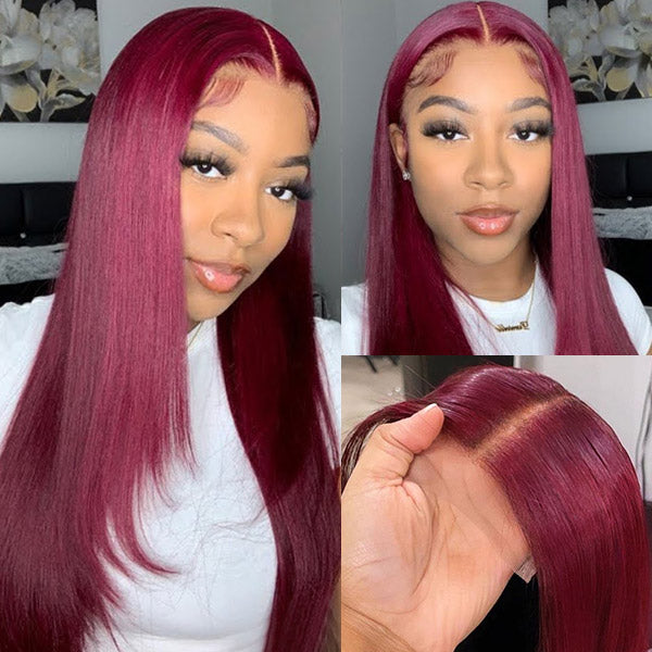 99J Color Straight Human Hair T Part Lace Front Wig Red Color Hair For Black Women