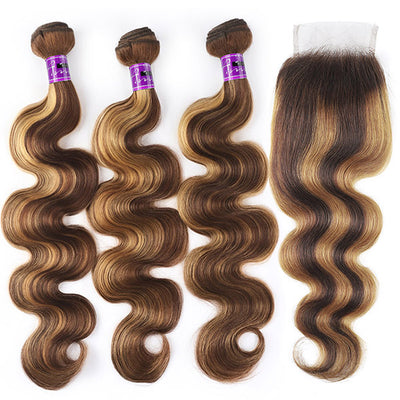 Honey Blonde Highlights Indian Human Hair Body Wave 3 Bundles With Closure