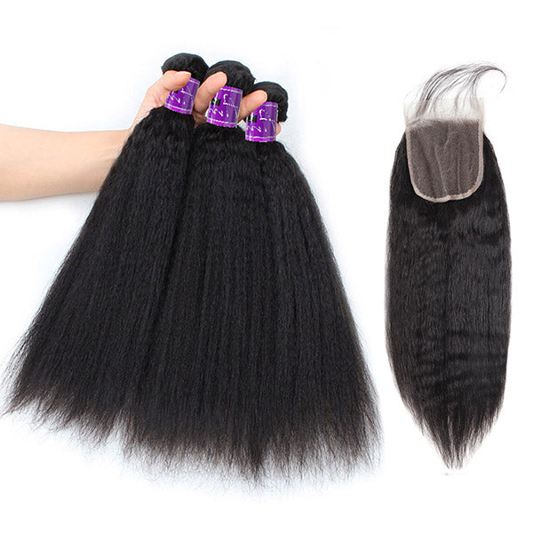 Malaysian Kinky Straight Bundles 100% Human Hair Bundles Yaki Straight Hair Bundles With Closure