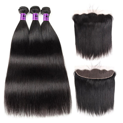 Hd Lace Frontal With 3Bundles Straight Hunan Hair Peruvian Hair Straight Bundles With 13x4 Lace Front Closure