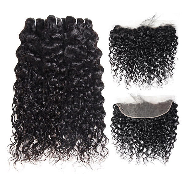 Indian Water Wave Hair 3 Bundles With Frontal Unprocessed Virgin Hair Bundles With 13x4 Frontal Closure