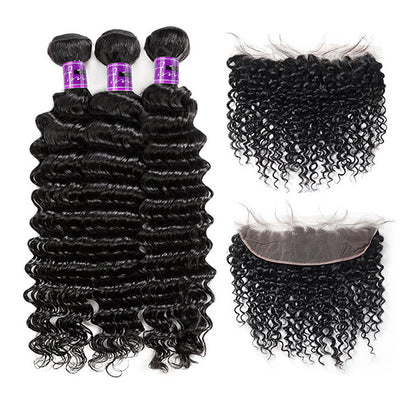 Brazilian Deep Wave Hair 3 Bundles With 13x4 Ear To Ear Lace Frontal Closure