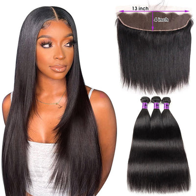 13x4 Lace Frontal With Straight Hair Bundles Indian Hair Weave 3 Bundles With Ear To Ear Closure