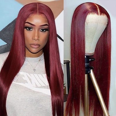99J Color Straight Human Hair T Part Lace Front Wig Red Color Hair For Black Women