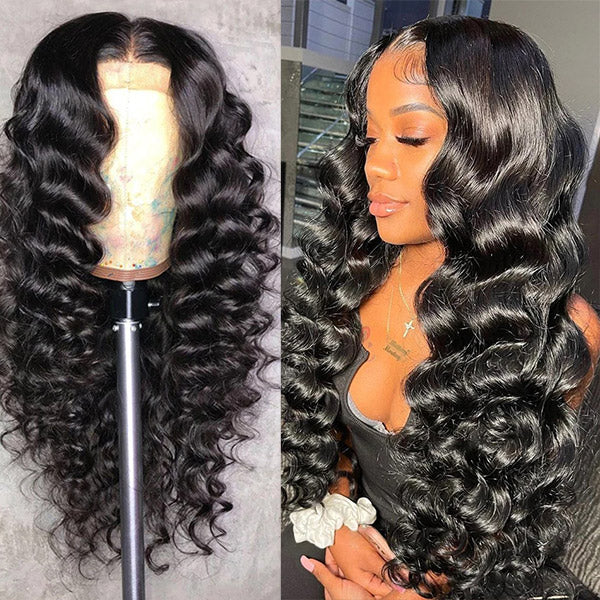30 Inch Bouncy Loose Deep Wave Wig 4x4 Closure Wig Pre Plucked HD Transparent Lace Human Hair Wigs Natural Curl