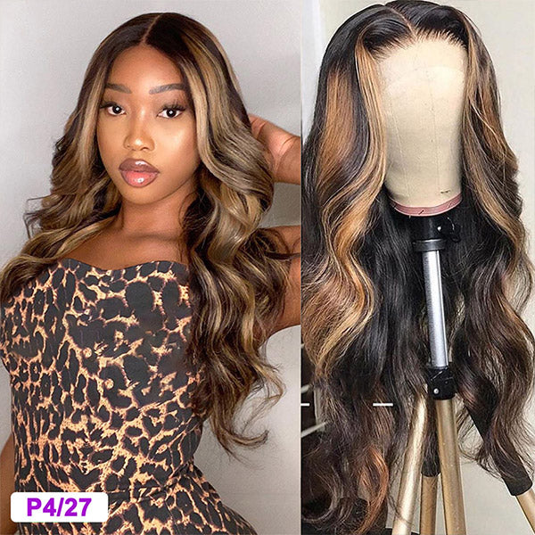 P4/27 Highlight Colored Human Hair Wigs 8-40 Inch HD Transparent Lace Wig Body Wave Piano Ombre Blonde 4x4 Lace Closure Wig For Women