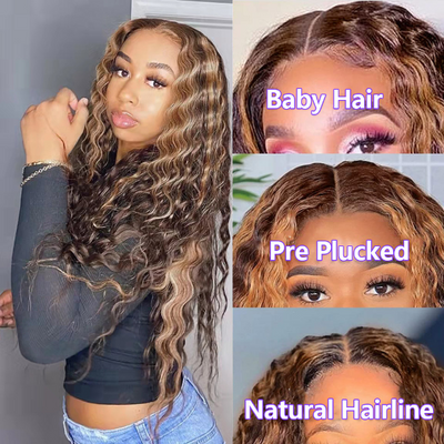 30 32 Inch HD Highlight Human Hair Wigs P4/27 Ombre Colored 4x4 Lace Closure Wig Pre Plucked Loose Deep Wave Transparent Invisible Lace Wig