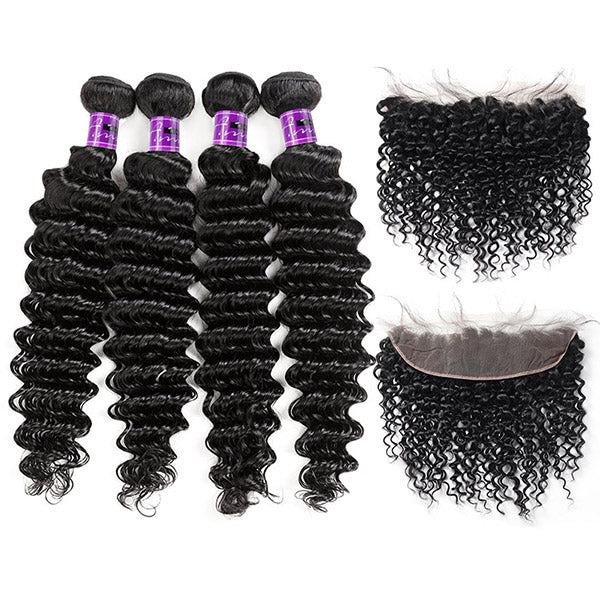 Deep Wave Hd Lace Frontal Peruvian Human Hair Deep Wave Curly 4 Bundles With 13x4 Lace Front Closure