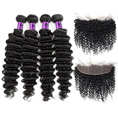 Deep Wave Hd Lace Frontal Peruvian Human Hair Deep Wave Curly 4 Bundles With 13x4 Lace Front Closure