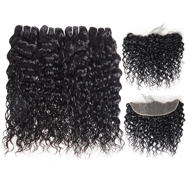 Water Wave Frontals Malaysian Water Curly 4Bundles With 13x4 Ear To Ear Lace Closure