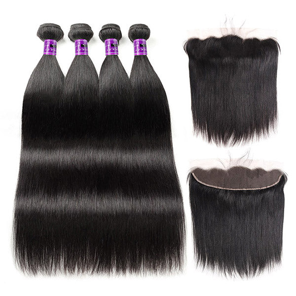 4 Pcs Straight Bundles With Frontal Closure 100% Unprocessed Malaysian Virgin Hair With 13x4 Ear To Ear Closure