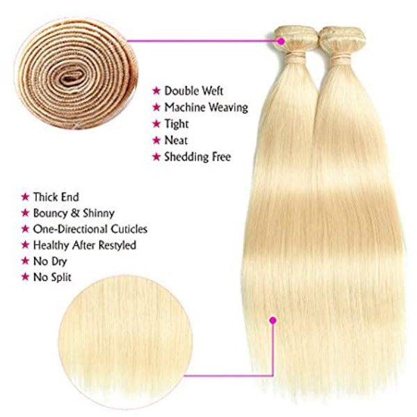 613 Blonde Color Straight Hair Human Hair 3 Bundles With Closure Virgin Extensions