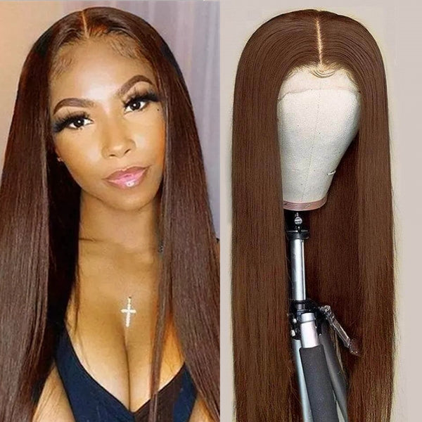 #4 Chocolate Brown Colored Wig Straight Human Hair Wigs 13x4 Lace Front Wig