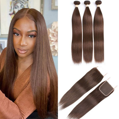 #4 Dark Brown Straight 3 Bundles With Closure Colored Human Hair Weaves