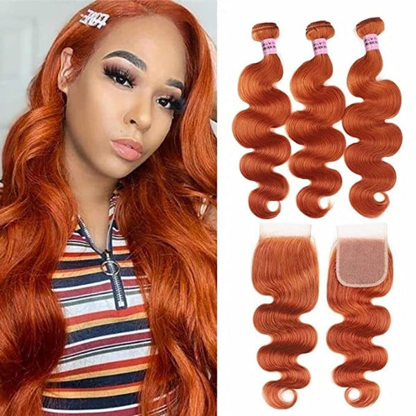 Ginger Orange Body Wave 3 Bundles With Lace Closure Colored Human Hair Weaves
